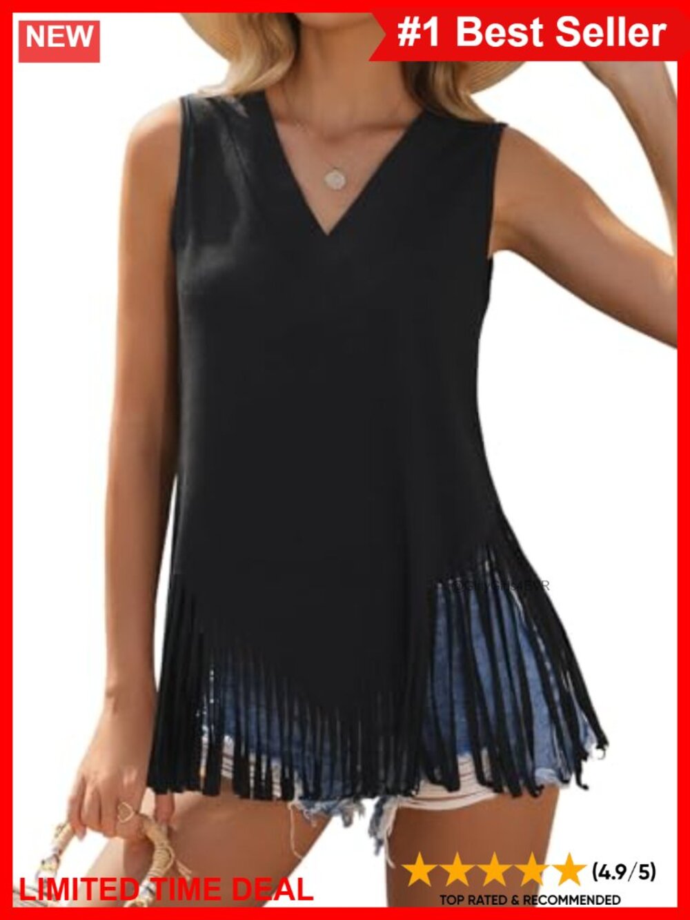 Women's Sleeveless V Neck Tank Top with Fringe Hem Summer Casual